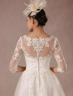 Short Wedding Dress Vintage Lace Applique Long Sleeves Tea Length A-Line Tulle Bridal Gown With Flower Sash Free Customization