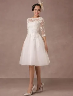 Short Wedding Dress Vintage Lace Applique Long Sleeves Tea Length A-Line Tulle Bridal Gown With Flower Sash Free Customization