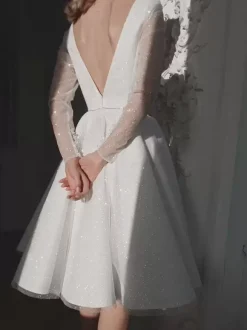 Short Wedding Dress V-Neck Long Sleeves Short Knee-Length Bridal Gowns