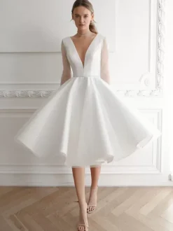 Short Wedding Dress V-Neck Long Sleeves Short Knee-Length Bridal Gowns