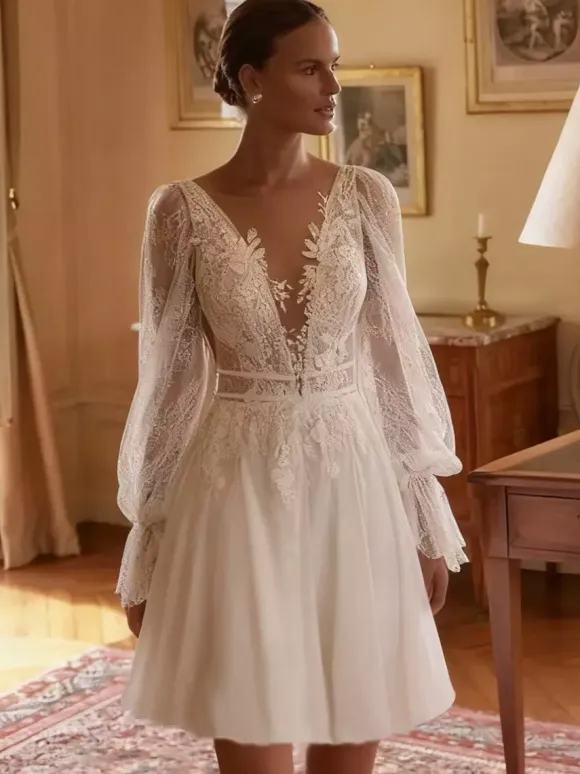 Short Wedding Dress V-Neck Long Sleeves Short Short Short Bridal Dress