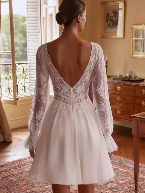 Short Wedding Dress V-Neck Long Sleeves Short Short Short Bridal Dress