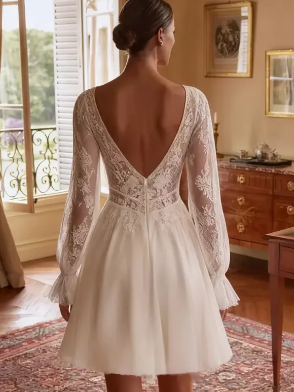 Short Wedding Dress V-Neck Long Sleeves Short Short Short Bridal Dress