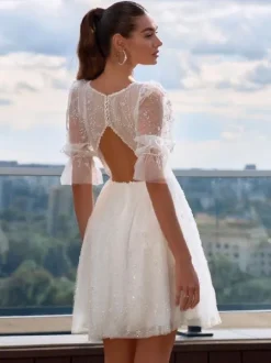 Short Wedding Dresses V-Neck Short Sleeves A-Line Short Bridal Gowns