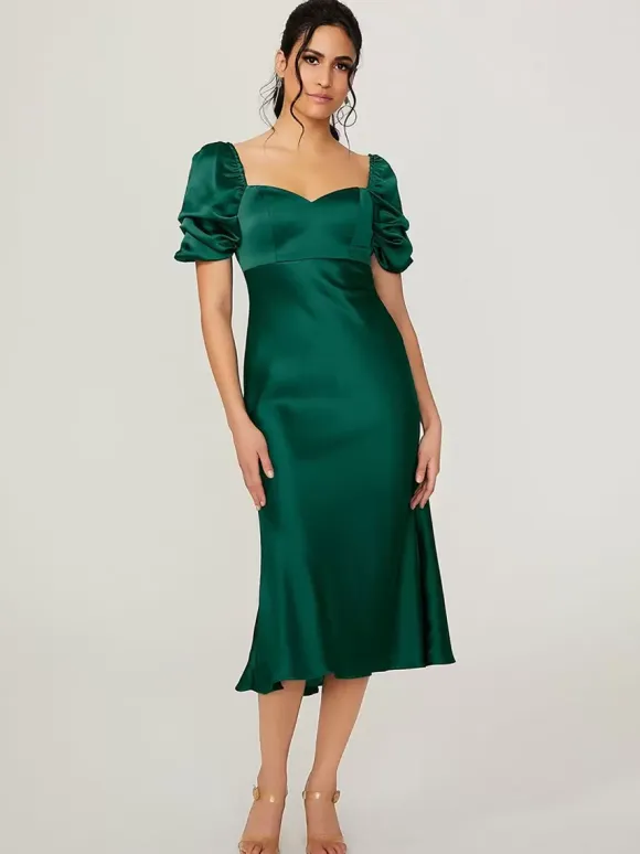 Short Bridesmaid Dress Elastic Silk Like Satin Short Sleeves Backless Sweetheart Neck Wedding Party Dresses