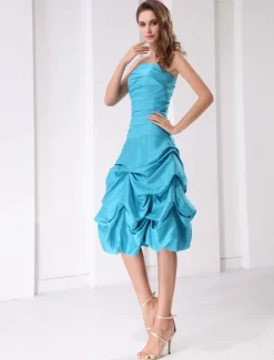 Short Prom Dress Aqua Strapless Ruched Ball Gown Knee Length Taffeta Party Dress Free Customization
