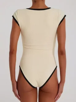 Short Sleeves Bodysuit Black Jewel Neck Buttons Athletic Women Top