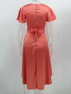 Short Sleeves Midi Dresses V-Neck Knotted High Low Design