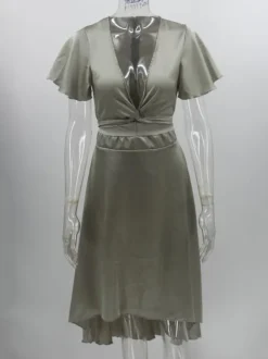 Short Sleeves Midi Dresses V-Neck Knotted High Low Design