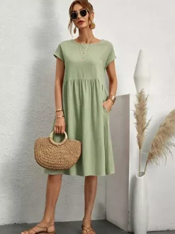 Short Sleeves Midi Shift Dress for Women - Minimalist Solid Color Loose T-shirt Dress with Pockets - Summer Daily Casual 2026