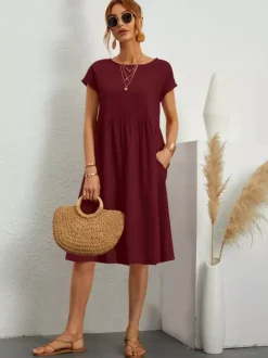 Short Sleeves Midi Shift Dress for Women - Minimalist Solid Color Loose T-shirt Dress with Pockets - Summer Daily Casual 2026