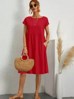 Short Sleeves Midi Shift Dress for Women - Minimalist Solid Color Loose T-shirt Dress with Pockets - Summer Daily Casual 2026