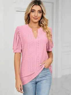 Short Sleeves Tees Blush Pink V-Neck Women Tee Shirt