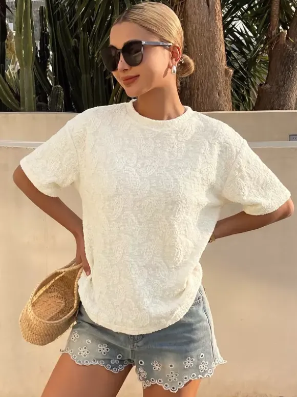 Short Sleeves Tees Light Apricot Jewel Neck Women T Shirt
