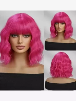 Short Water Wave Bob Synthetic Wig Air Bang Multi Bright Color Cosplay Hair Wig
