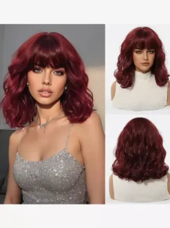 Short Water Wave Bob Synthetic Wig Air Bang Multi Bright Color Cosplay Hair Wig