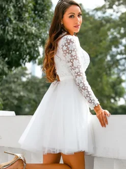 Short Wedding Dress 2026 Jewel Neck Long Sleeves A-Line Lace Short Bridal Dresses Free Customization