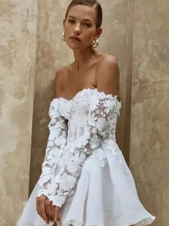 Short Wedding Dress Short Strapless 3/4 Length Sleeves A-Line Natural Waist Lace Short Bridal Dress