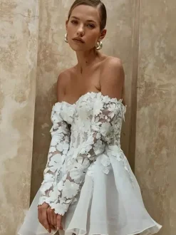 Short Wedding Dress Short Strapless 3/4 Length Sleeves A-Line Natural Waist Lace Short Bridal Dress