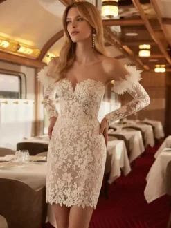 Short Wedding Dress Short Sweetheart Neck 3/4 Length Sleeves Short Natural Waist Lace Bridal Dresses