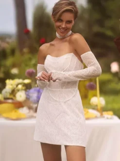 Short Wedding Dress Short Sweetheart Neck 3/4 Length Sleeves Short Natural Waist Lace Bridal Dresses