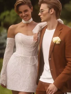 Short Wedding Dress Short Sweetheart Neck 3/4 Length Sleeves Short Natural Waist Lace Bridal Dresses