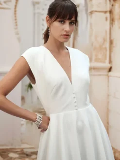Short Wedding Dress Short V-Neck Sleeveless A-Line Natural Waist Satin Fabric Short Bridal Dress