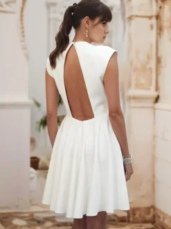 Short Wedding Dress Short V-Neck Sleeveless A-Line Natural Waist Satin Fabric Short Bridal Dress