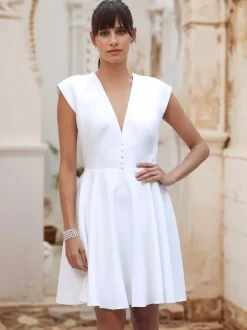 Short Wedding Dress Short V-Neck Sleeveless A-Line Natural Waist Satin Fabric Short Bridal Dress