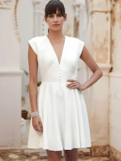 Short Wedding Dress Short V-Neck Sleeveless A-Line Natural Waist Satin Fabric Short Bridal Dress