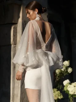 Short Wedding Dress Short V-Neck Long Sleeves Sheath Natural Waist Stretch Crepe Short Bridal Dress