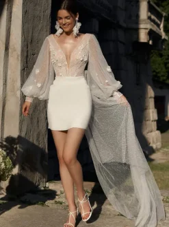 Short Wedding Dress Short V-Neck Long Sleeves Sheath Natural Waist Stretch Crepe Short Bridal Dress