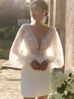 Short Wedding Dress Short V-Neck Long Sleeves Sheath Natural Waist Stretch Crepe Short Bridal Dress