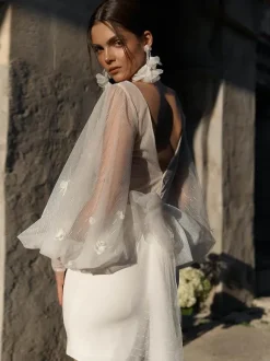 Short Wedding Dress Short V-Neck Long Sleeves Sheath Natural Waist Stretch Crepe Short Bridal Dress