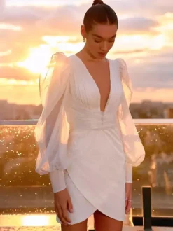 Short Wedding Dress Short V-Neck Long Sleeves Short Tulle Bridal Dresses