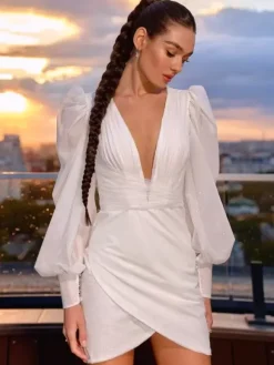 Short Wedding Dress Short V-Neck Long Sleeves Short Tulle Bridal Dresses