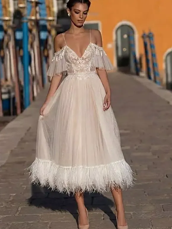 Short Wedding Dress Tea-Length V-Neck Short Sleeves A-Line Natural Waist Lace Bridal Gowns