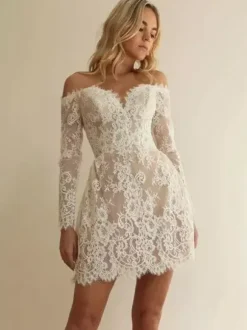 Short Wedding Dress V-Neck Long Sleeves A-Line Short Bridal Dresses