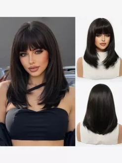 Shoulder Length Layered Bob Wig Straight Fringe Bang Heat Resistant Synthetic Wig