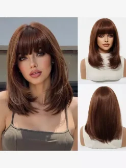 Shoulder Length Layered Bob Wig Straight Fringe Bang Heat Resistant Synthetic Wig
