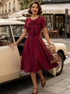 Side Bow Knot Crew Neck Short Sleeve A Line Swing Dress For Women 2026