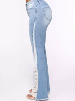 Side Frayed Distressed Flare Jeans For Women - Light Blue Washed Sexy Bootcut Denim - Spring Party Clubwear 2026