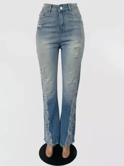 Side Frayed Distressed Flare Jeans For Women - Light Blue Washed Sexy Bootcut Denim - Spring Party Clubwear 2026