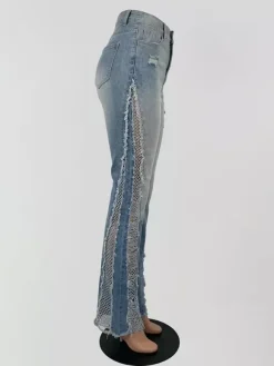 Side Frayed Distressed Flare Jeans For Women - Light Blue Washed Sexy Bootcut Denim - Spring Party Clubwear 2026