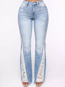 Side Frayed Distressed Flare Jeans For Women - Light Blue Washed Sexy Bootcut Denim - Spring Party Clubwear 2026