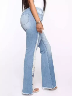 Side Frayed Distressed Flare Jeans For Women - Light Blue Washed Sexy Bootcut Denim - Spring Party Clubwear 2026