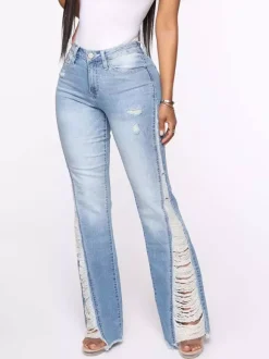 Side Frayed Distressed Flare Jeans For Women - Light Blue Washed Sexy Bootcut Denim - Spring Party Clubwear 2026