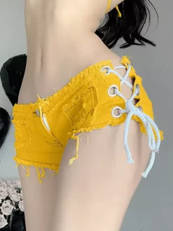 Side Lace Up Raw Hem Denim Micro Hot Shorts Multi Color Y2K Club Booty Shorts