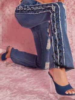 Side Lace Up Ripped Flare Jeans For Women - Medium Wash Sexy Hollow Out Bootcut Denim - Spring Streetwear 2026