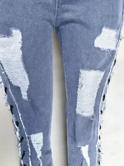 Side Lace Up Ripped Flare Jeans For Women - Medium Wash Sexy Hollow Out Bootcut Denim - Spring Streetwear 2026